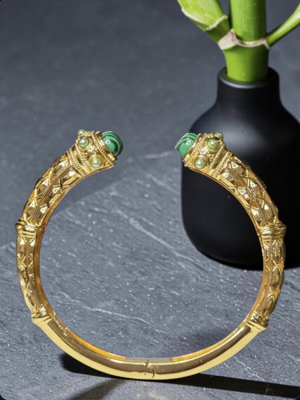 18k Gold Plated Malachite Stone Byzantine Filigree Hinged Bangle Bracelet